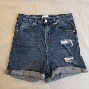 Abound Ultra High Waist Jean Shorts Distressed Medium Blue Denim Rolled Cuff